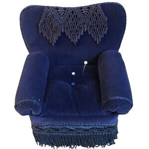 Vintage Collectible Pin Cushion by Dritz Midnight Blue Velour Chair w/Lace Doily